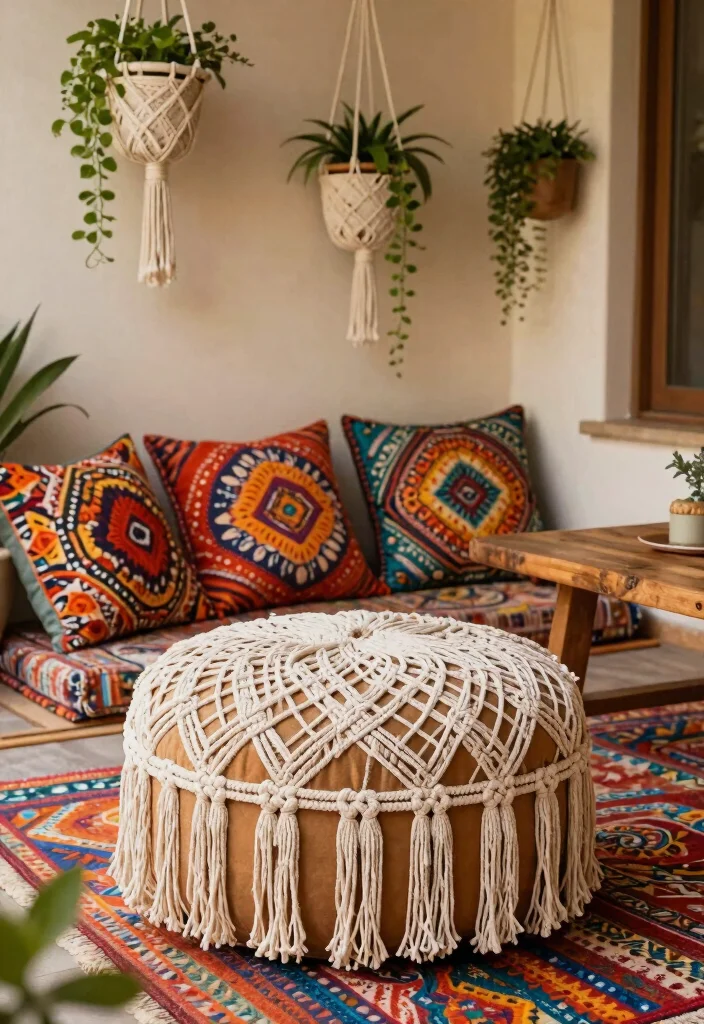 9 Stylish Patio Ottoman Decor Inspiration for Lounging 3. Bohemian Macram Touches 0