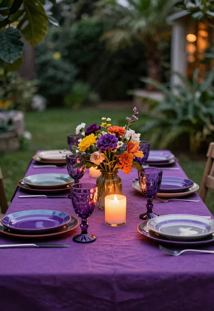 9 Vibrant Purple Patio Decor Ideas for a Boho Garden Vibe 7 9 Vibrant Purple Patio Decor Ideas for a Boho Garden Vibe 7. Colorful Table Settings with Purple Accents 0