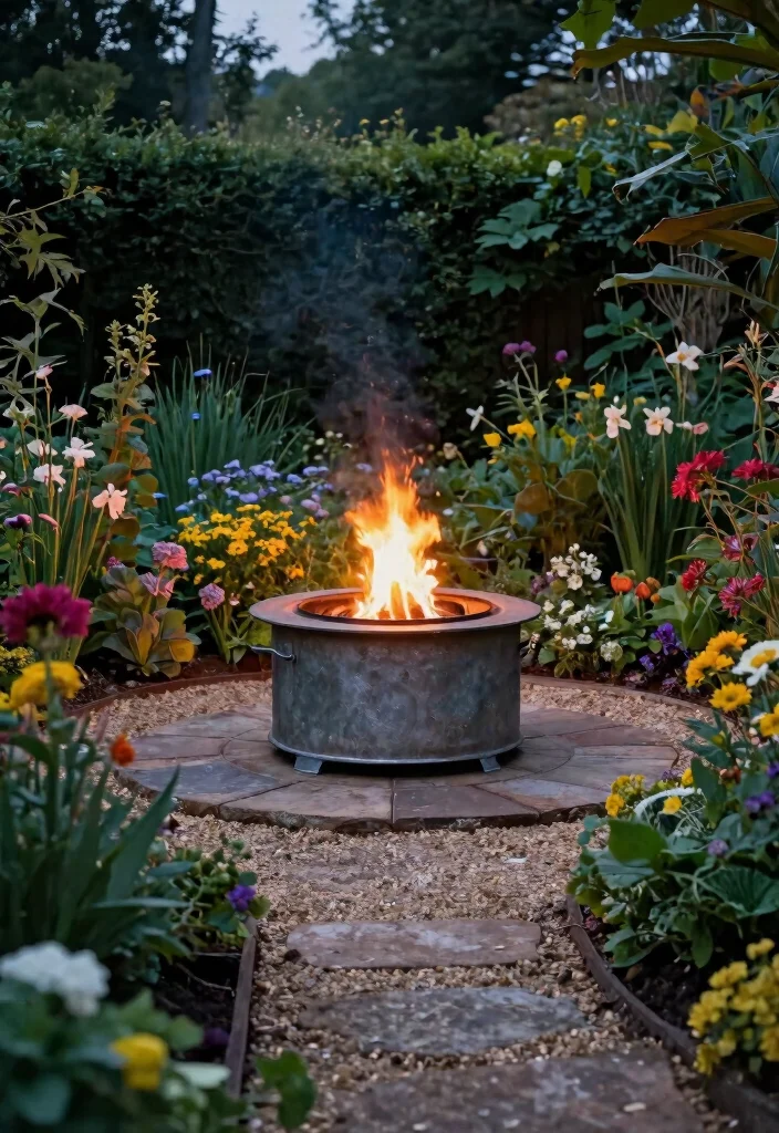 9 Vintage Galvanized Fire Pit Ideas Cheap DIY 6. Galvanized Fire Pit with Surrounding Garden 0